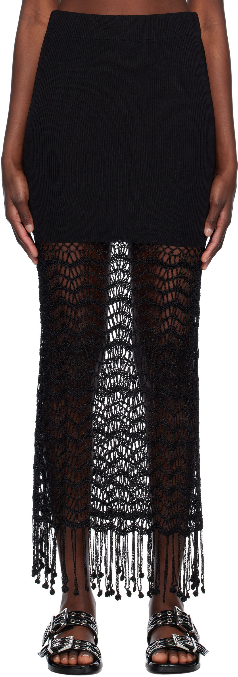 Krila GANNI GANNI Crochet Maxi Skirt with Fringe Črna | K2435