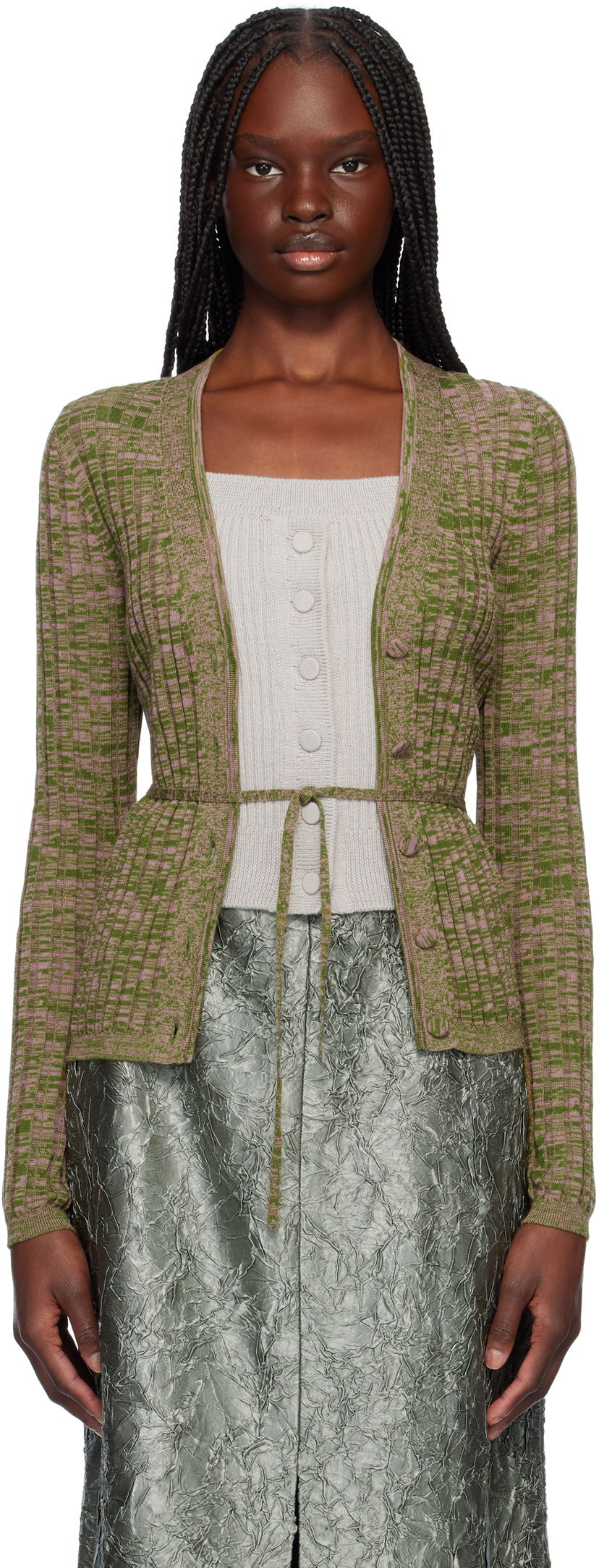 Pleteni pulover Dries Van Noten Dries Van Noten Rib-Knit Tie Cardigan Zelena | 251-011229-1716