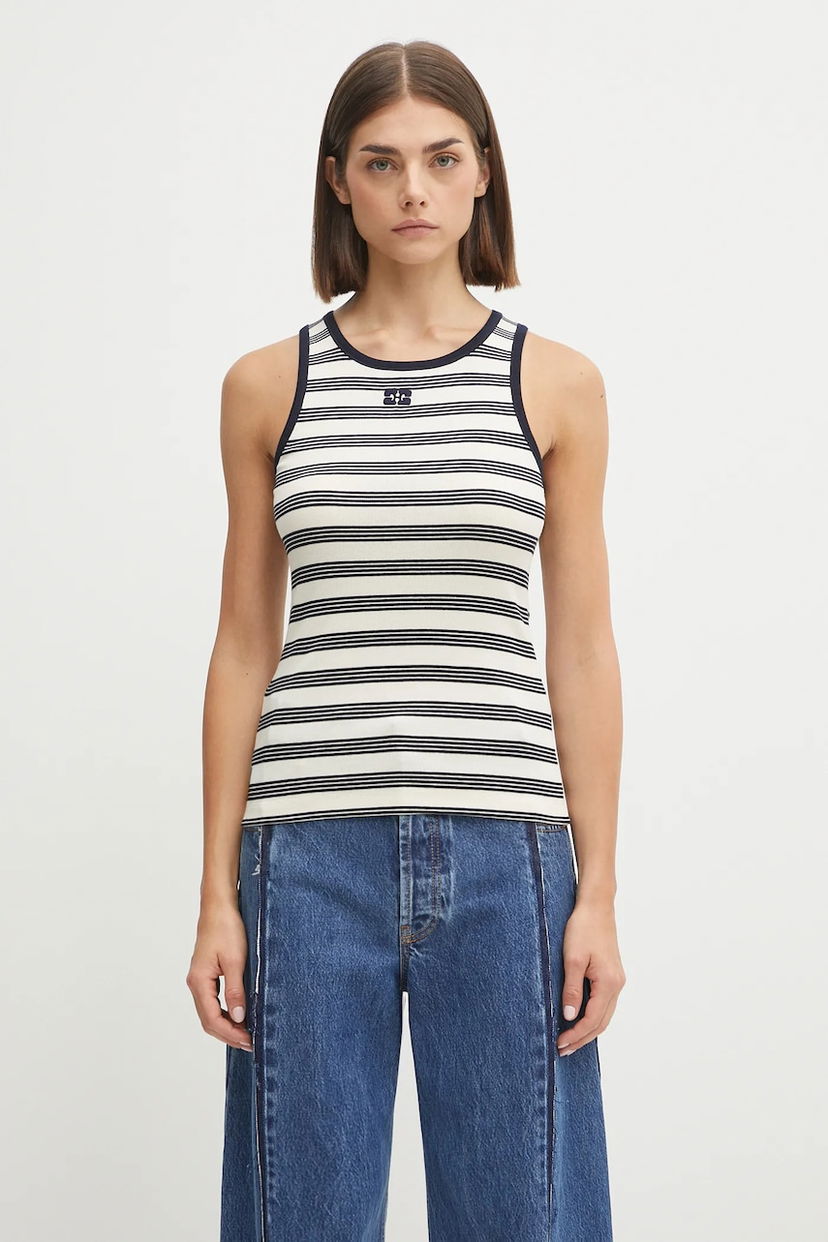Majica brez rokavov GANNI GANNI Women's Striped Soft Cotton Rib Tank Top Bela | T4144