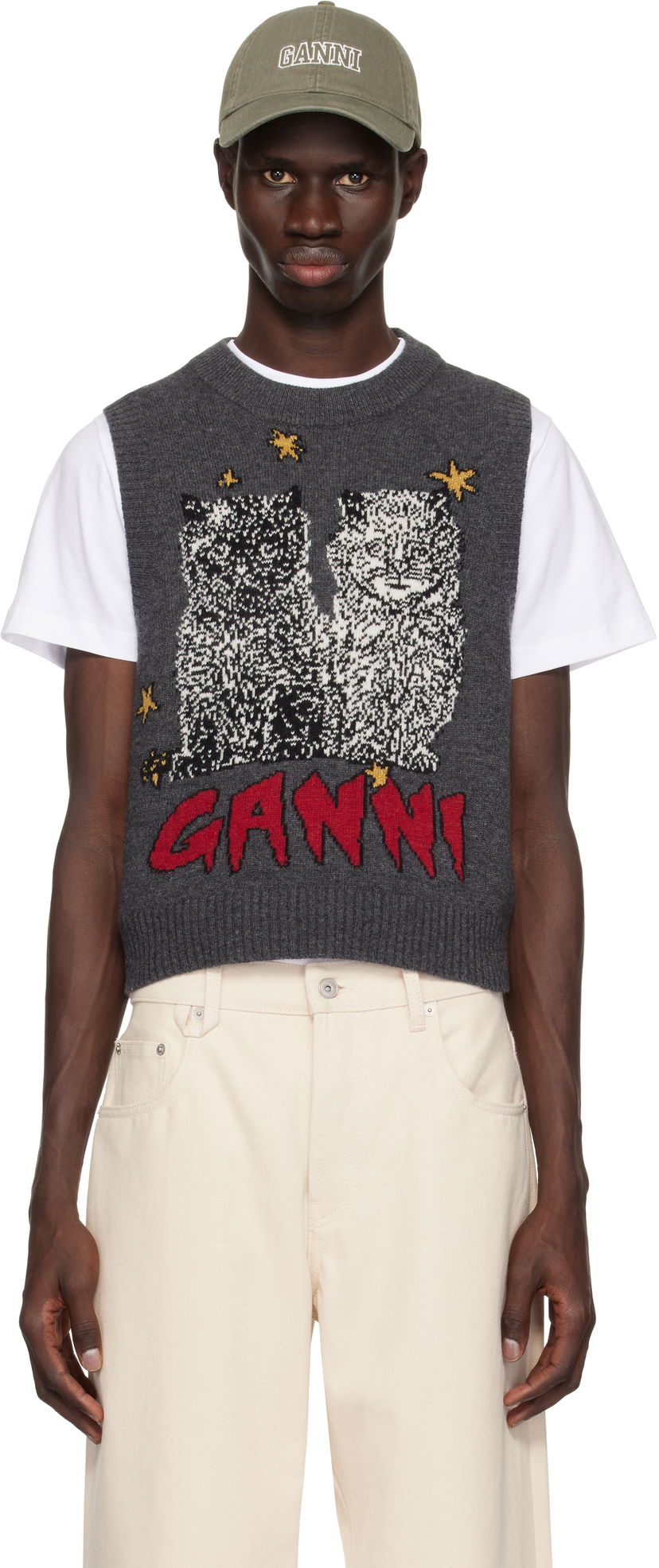 Pleteni pulover GANNI GANNI Graphic Cats Knit Vest Siva | K2375