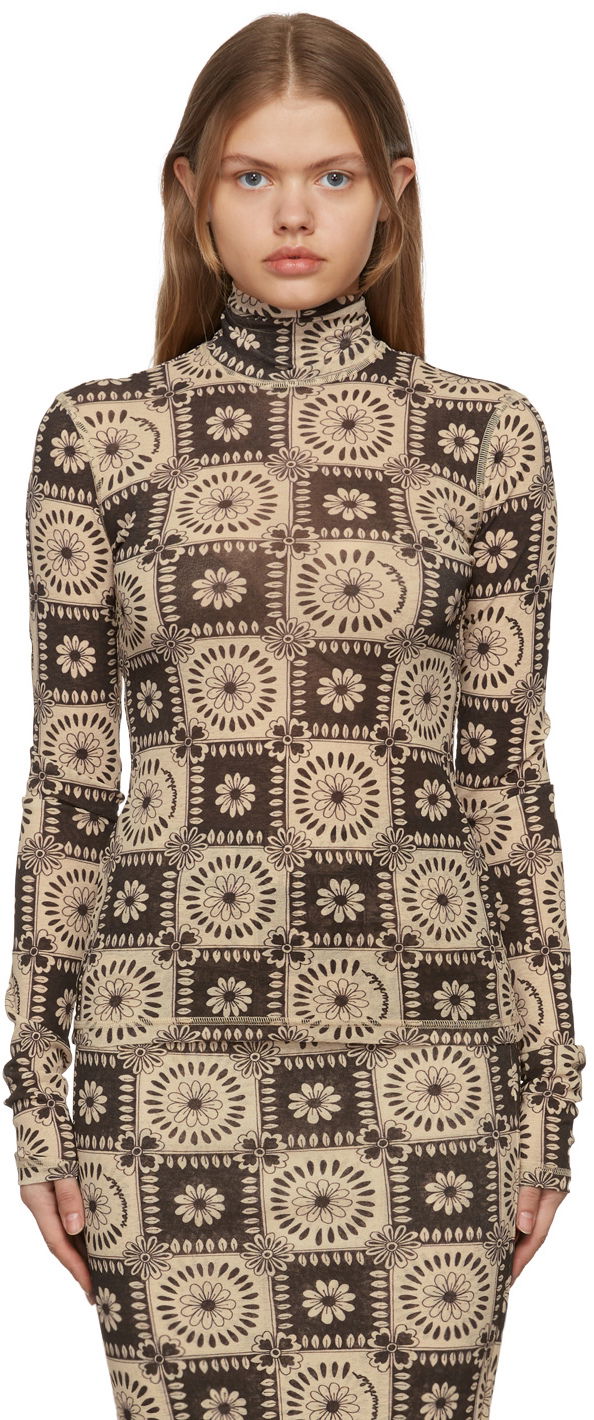 Majica Nanushka Harri Tile Print Turtleneck Top Bež | NW22RSTP00977