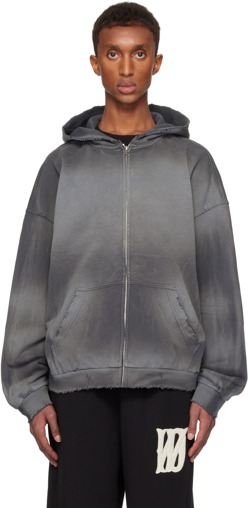 Pulover We11done We11done Distressed Zip-Up Hoodie Siva | WD-TJ3-24-833-U-CH