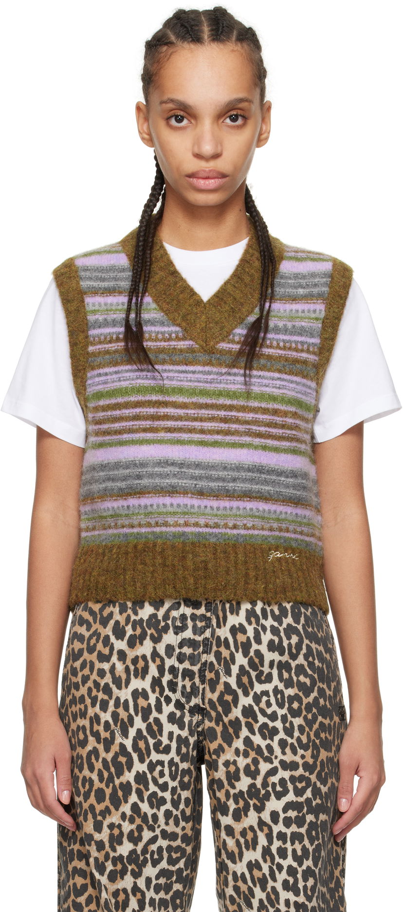 Pleteni pulover GANNI GANNI Soft Wool Striped Knit Vest Rjava | K2356