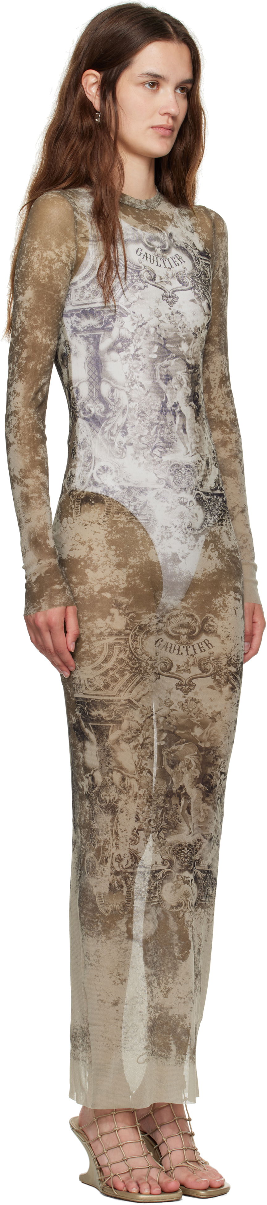 Obleke Jean Paul Gaultier Jean Paul Gaultier 'The Long Médaillon' Mesh Maxi Dress Bež | 25/03-W-DR023-M006P-6965, 1