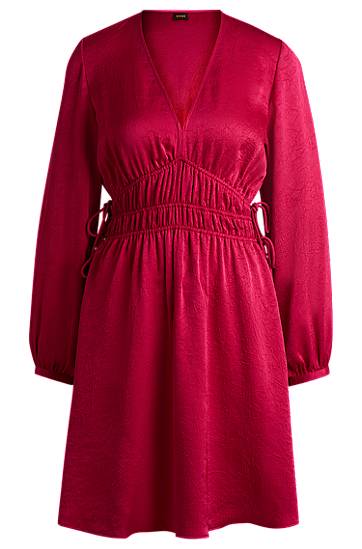 Obleke BOSS Crinkle Satin Adjustable-Waist Dress Rdeča | 50542146