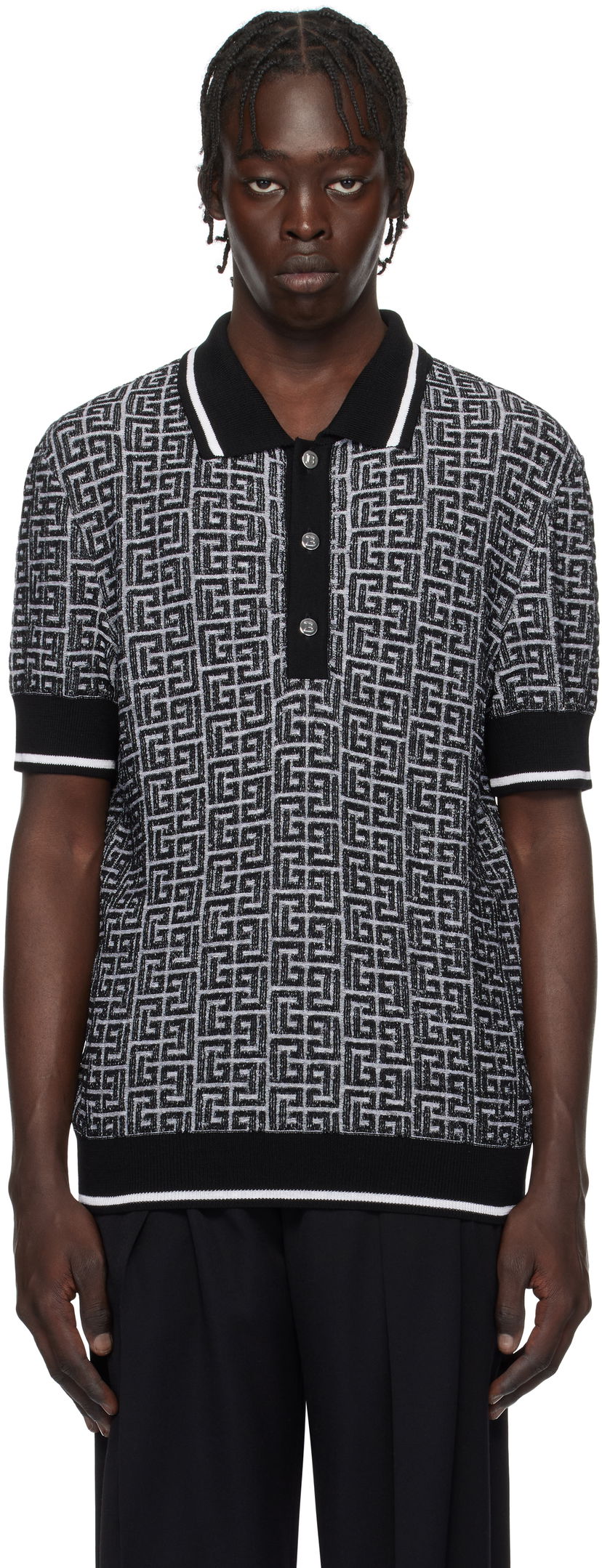 Polo majica Balmain Black & White Labyrinth Knit Polo Shirt Črna | EH1GB020KI03