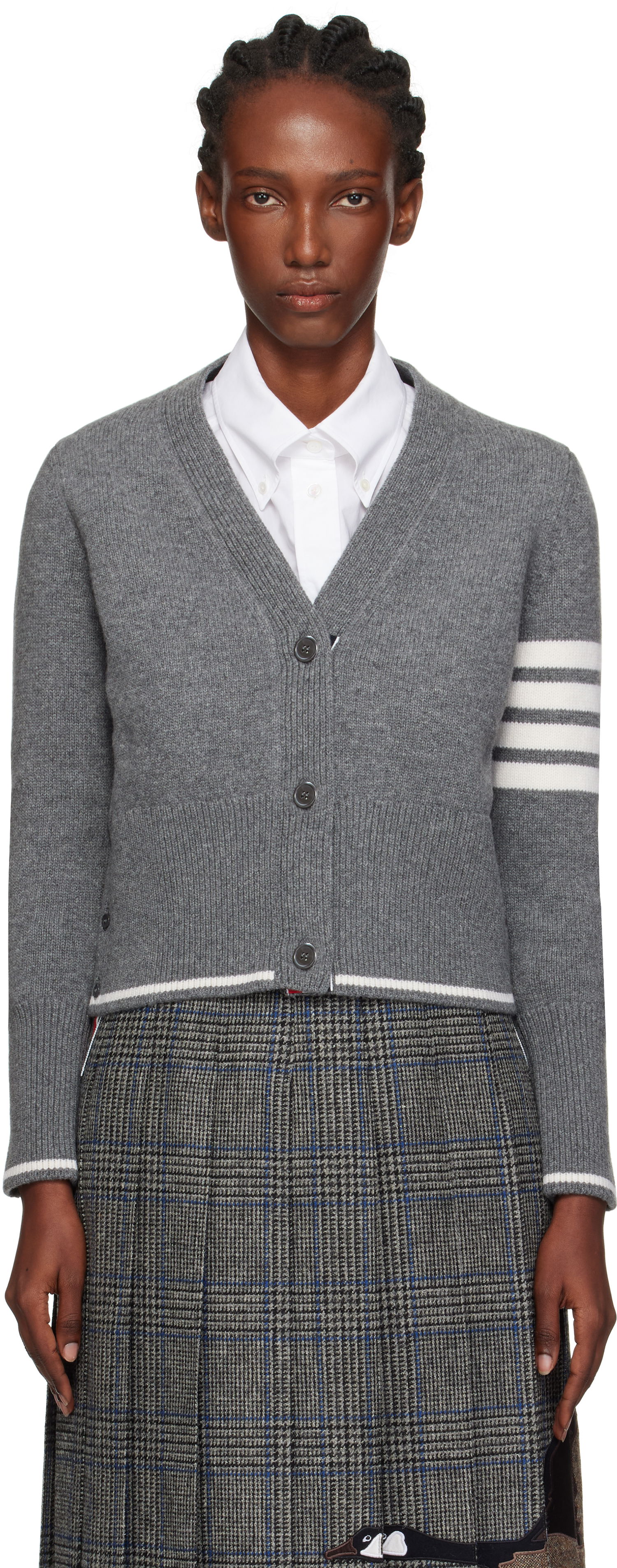 Pleteni pulover Thom Browne Thom Browne Intarsia Geese 4-Bar V-Neck Cardigan Siva | FKC657A-Y1029, 0