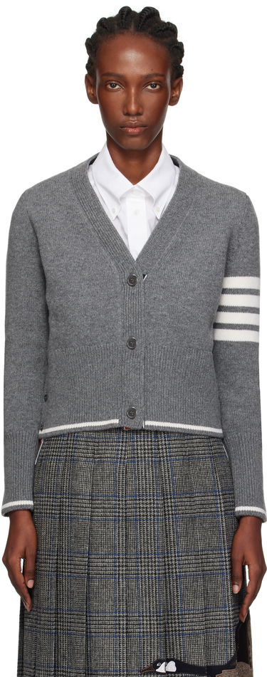 Pleteni pulover Thom Browne Thom Browne Intarsia Geese 4-Bar V-Neck Cardigan Siva | FKC657A-Y1029, 0