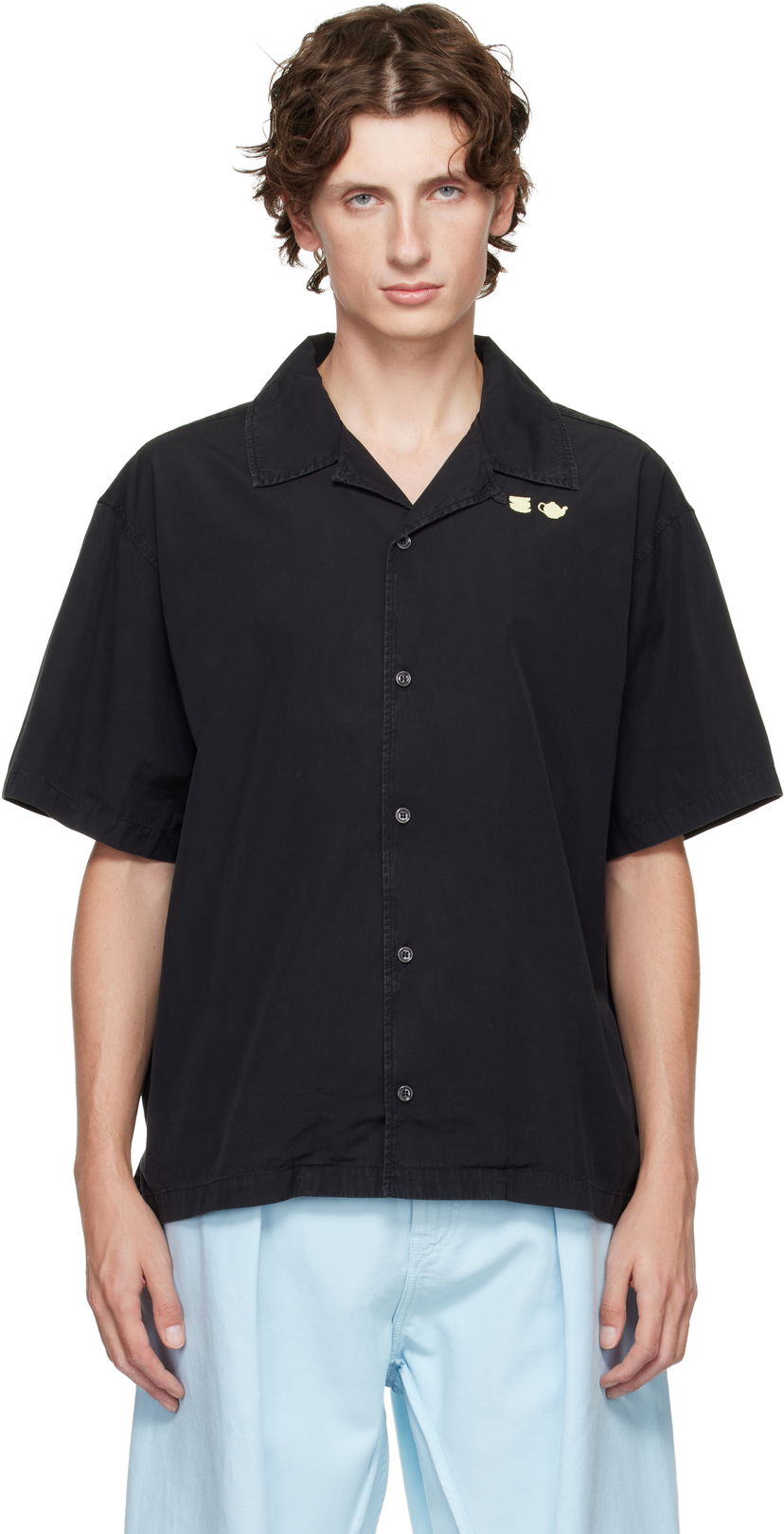 Srajce JW Anderson Teapot and Teacup Embroidery Spread Collar Short Sleeve Shirt Črna | SH0371-PG1823