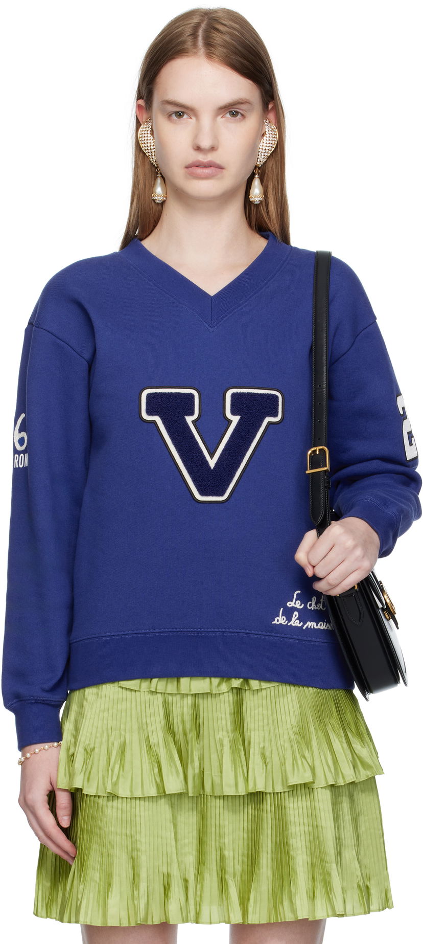 Pulover Valentino Valentino Embroidered Cotton V-Neck Sweatshirt Modra | 7B3MF24V9KY