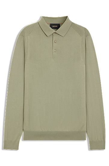 Polo majica BOSS Knit Long-Sleeve Polo in Wool, Silk and Cashmere Zelena | 50544809