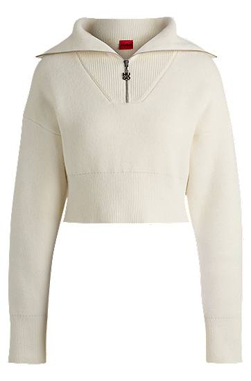 Pleteni pulover BOSS Cropped Sweater with Logo Zip Puller Bela | 50522545