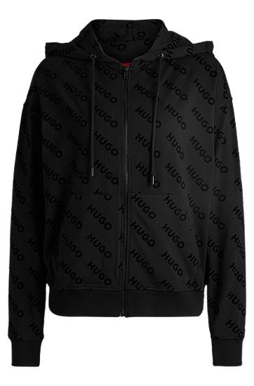 Pulover BOSS HUGO Zip-Up Hoodie with Flock-Print Logos Črna | 50531659