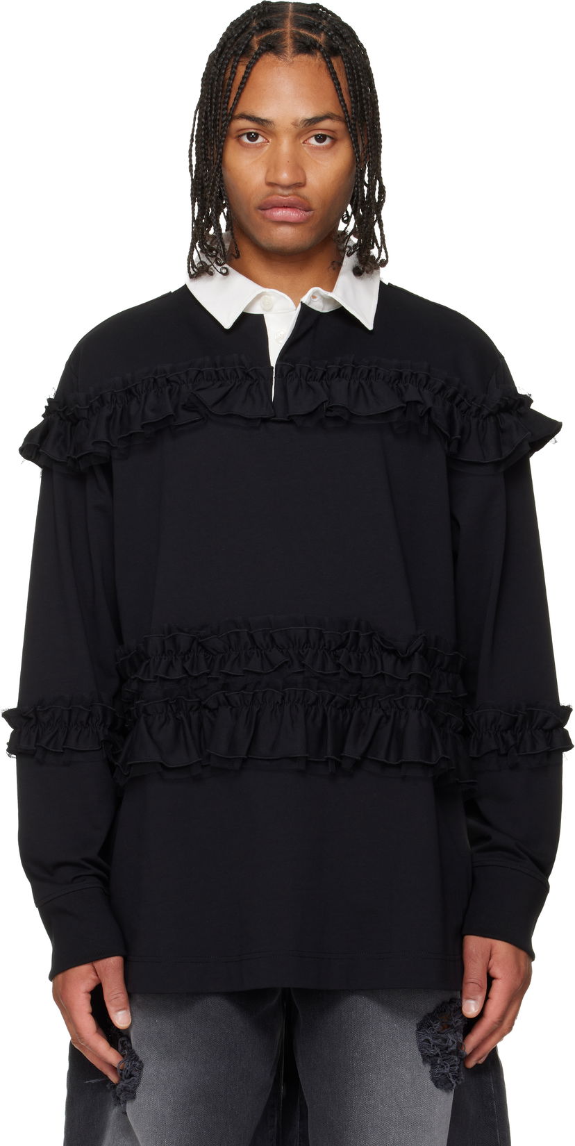 Polo majica Simone Rocha Simone Rocha Ruffle Rugby Polo Črna | 5360 1282