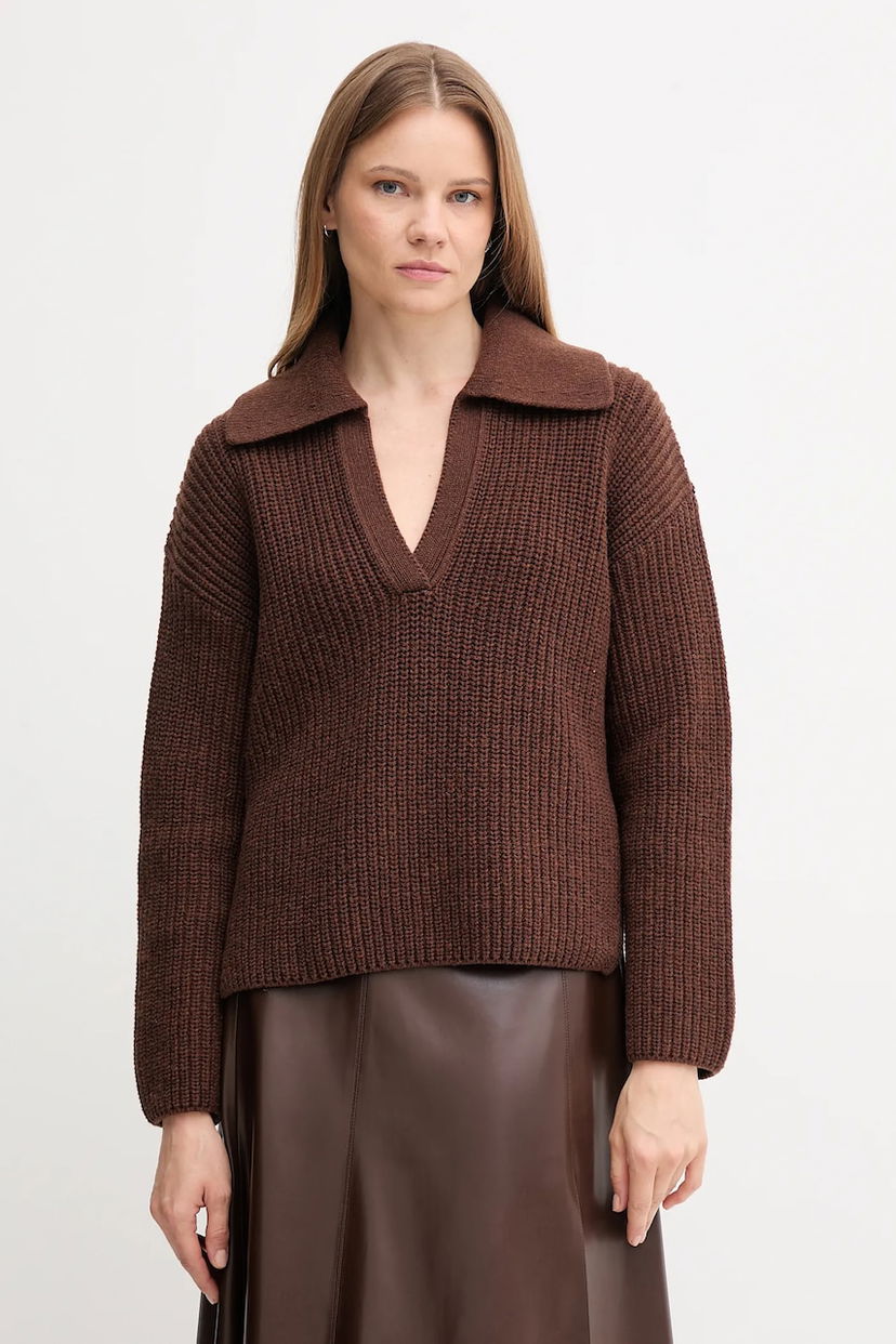 Pleteni pulover Barbour Barbour ROBYN Wool Blend Collared Sweater Rjava | LKN1675