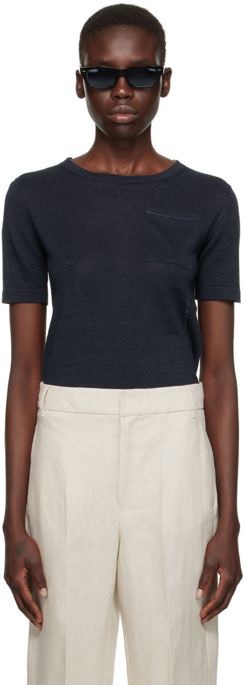 Majica Max Mara Pocket Linen T-Shirt Mornarica | 2419361013600