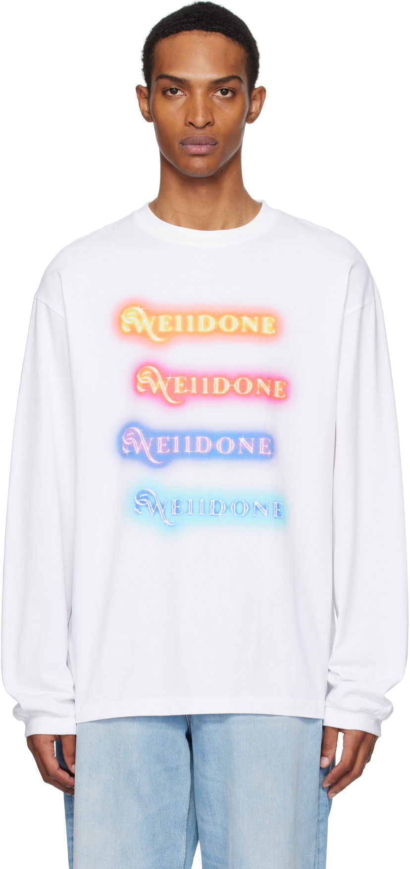 Majica We11done We11done Neon Logo Long Sleeve Tee Bela | WD-TT2-25-754-U-WH