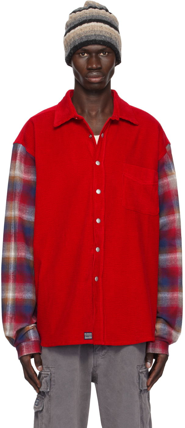 Srajce ERL Corduroy Overshirt with Plaid Sleeves Rdeča | ERL09B005