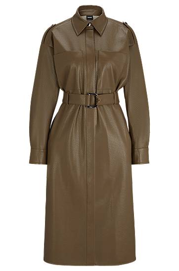 Obleke BOSS Perforated Faux Leather Belted Shirt Dress Zelena | 50505962, 0