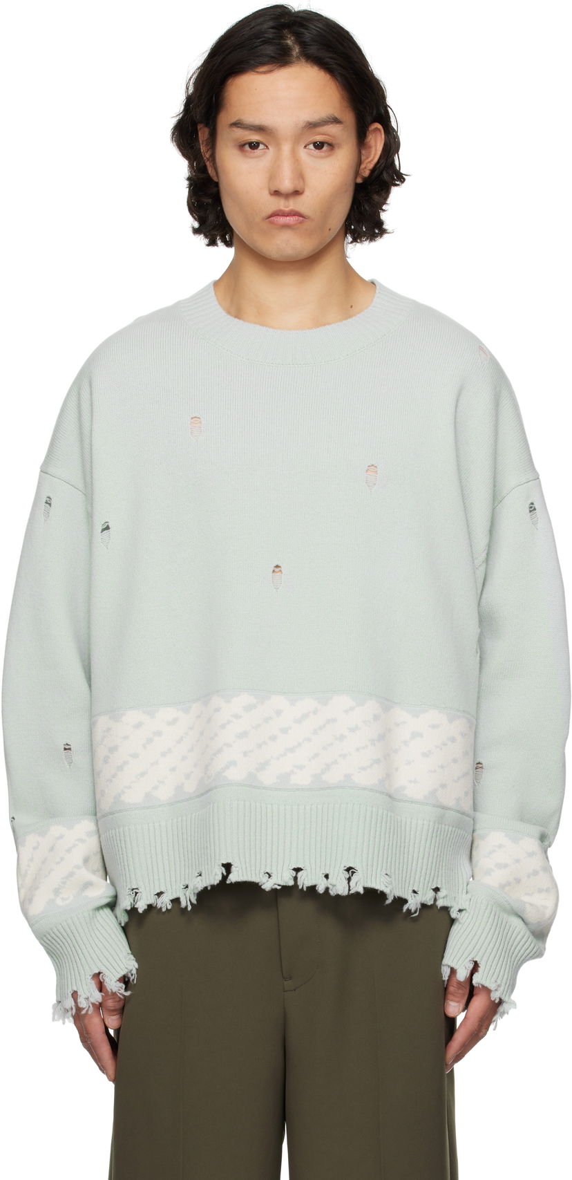 Pleteni pulover Feng Chen Wang Feng Chen Wang Ripped Jacquard Sweater Zelena | FUS19KT07