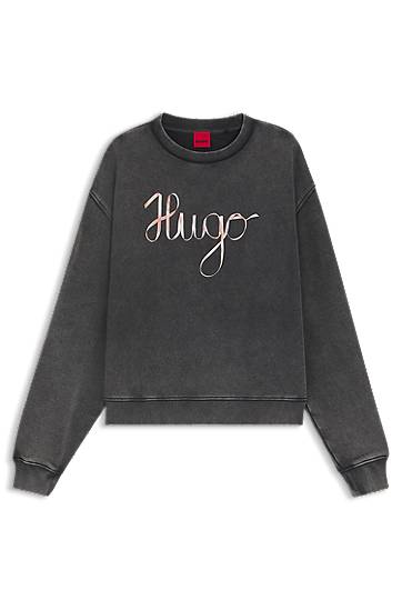 Pulover BOSS HUGO Cotton-terry Sweatshirt with Cursive Logo Siva | 50545198