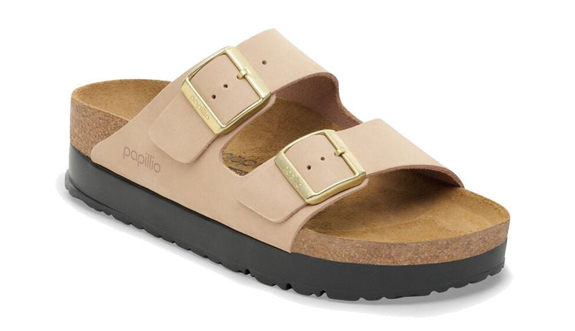 Superge in čevlji Birkenstock Arizona PAP Flex Platform Nubuk Leather Narrow Fit Sandals Bež | 1028379