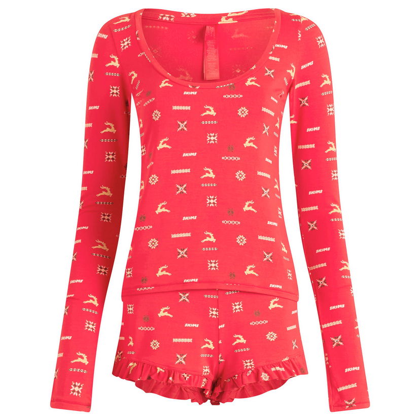 Pižame SKIMS Long Sleeve Scoop Neck Pajama Top and Ruffle Short Set with Vintage Deer Print Rdeča | ST-SST-9968W-CVD