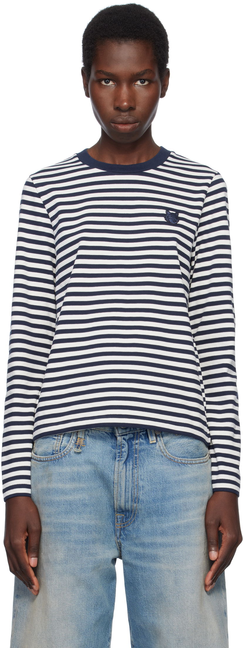 Majica MAISON KITSUNÉ Maison Kitsuné Fox Head Patch Striped T-Shirt Mornarica | OW00111KA0026