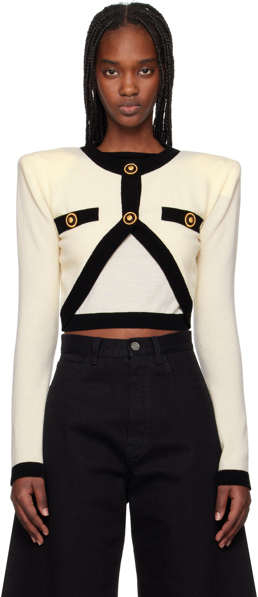 Pleteni pulover Balmain Balmain Knit Faux-Cardigan Sweater Bela | EF1KA120KH91