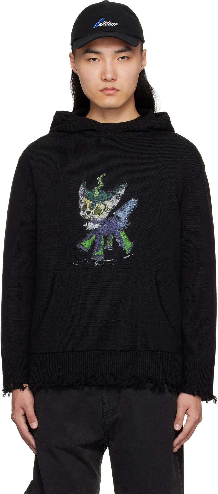 Pulover We11done We11done Grunge Monster Pony Knit Hoodie Črna | WD-KT0-25-659-U-BK