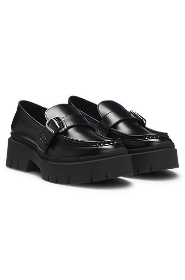 Modni dodatki BOSS Leather Loafers with Buckled Strap Črna | 50548196