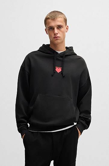 Pulover BOSS Terry Hoodie with Slogan and Heart Graphics Črna | 50530577, 1