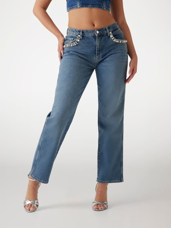 Kavbojke GUESS Straight Denim Pant With Rhinestone Detail Modra | W5RA1ND5ACC, 0