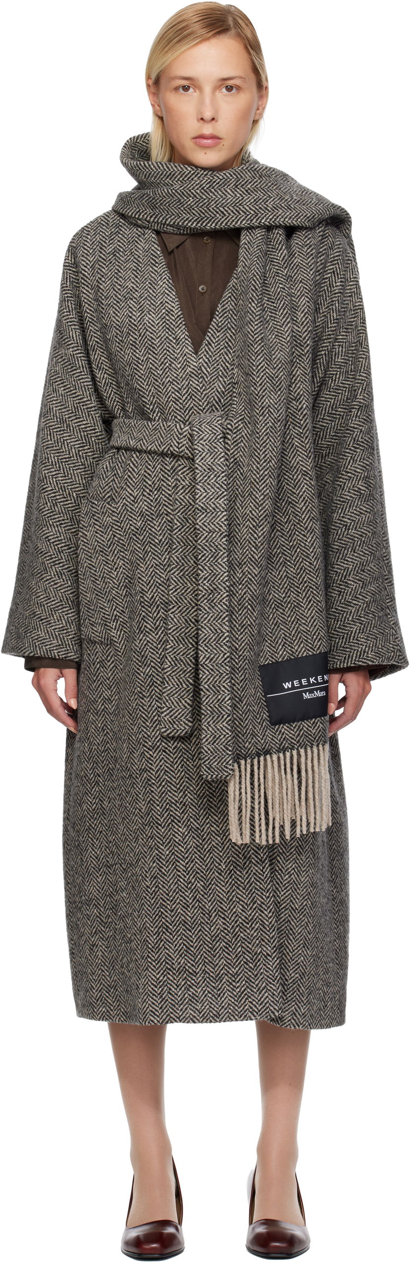 Plašči Max Mara Weekend Zenica Herringbone Belted Coat with Scarf Siva | 2525016042600