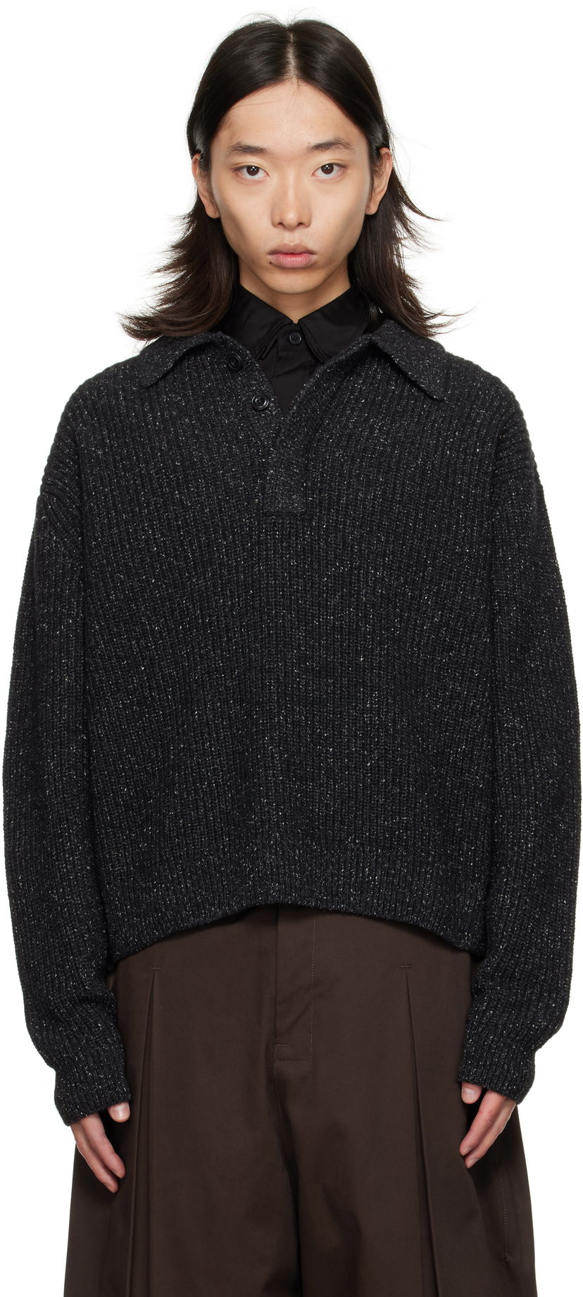 Pleteni pulover sage NATION SAGE NATION Knit Polo Sweater Črna | S098 POLO WOOL SPECKLED CHARCO