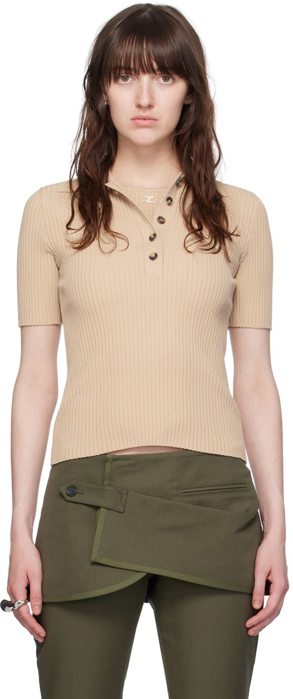 Polo majica Courrèges Courrèges Ribbed Knit Polo Shirt Bež | VESMPO029FI0001