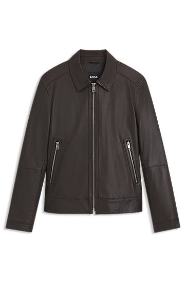 Jakna BOSS Regular-Fit Leather Jacket with Zip Closure Rjava | 50543214