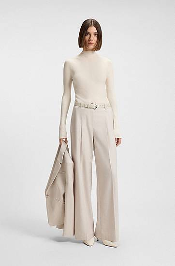 Pleteni pulover BOSS Mock-neck sweater in merino wool with mixed ribbing Bež | 50549166, 1