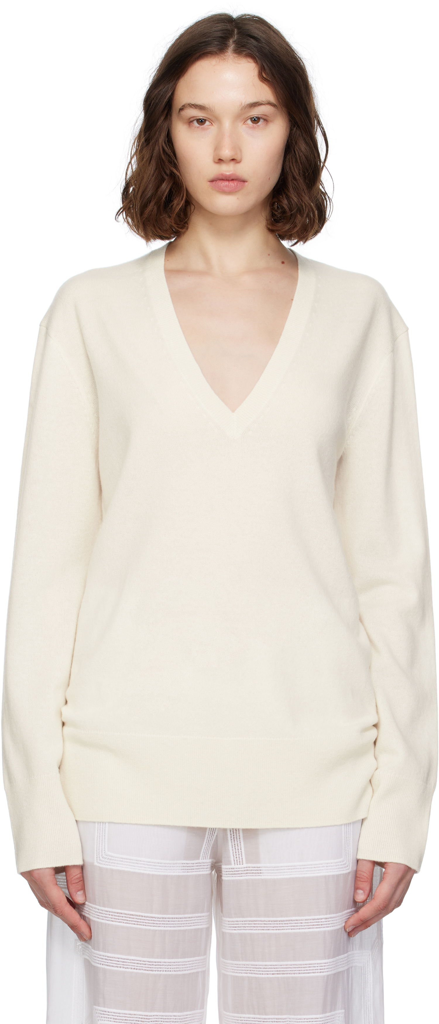 Pleteni pulover TOTEME TOTEME Cashmere V-Neck Knit Sweater Bela | 252-WRT0521-YA0016, 0