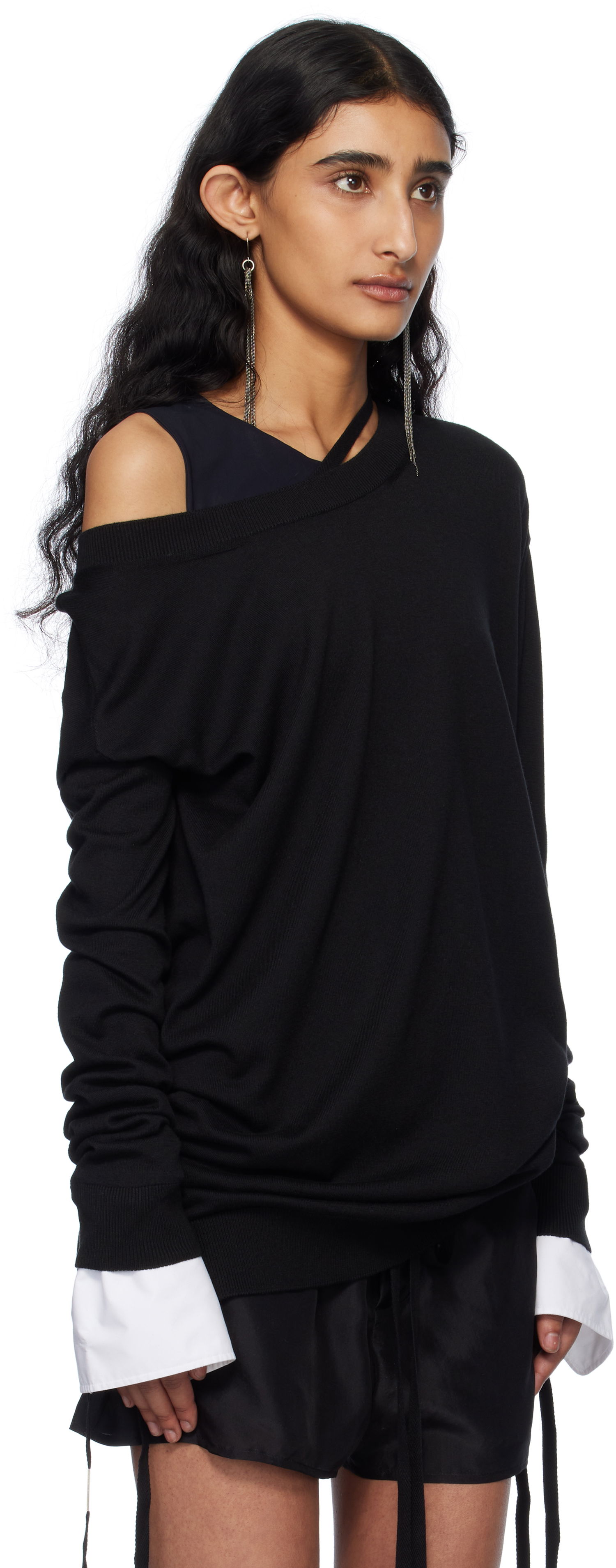 Pleteni pulover Ann Demeulemeester Ann Demeulemeester Helle Off-The-Shoulder Sweater Črna | 2510-W-KN06-KN055-099, 1