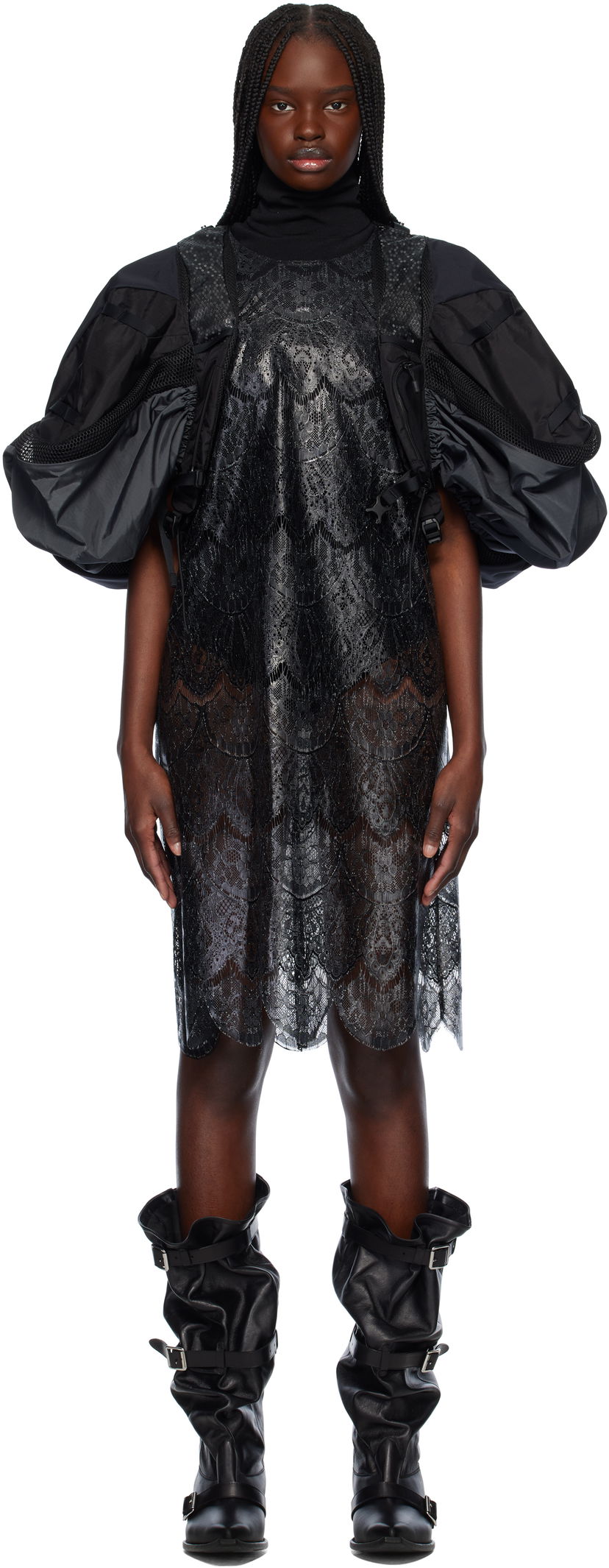 Obleke Junya Watanabe Junya Watanabe Scalloped Lace & Nylon Ripstop Midi Dress Črna | JO-O023-051-1