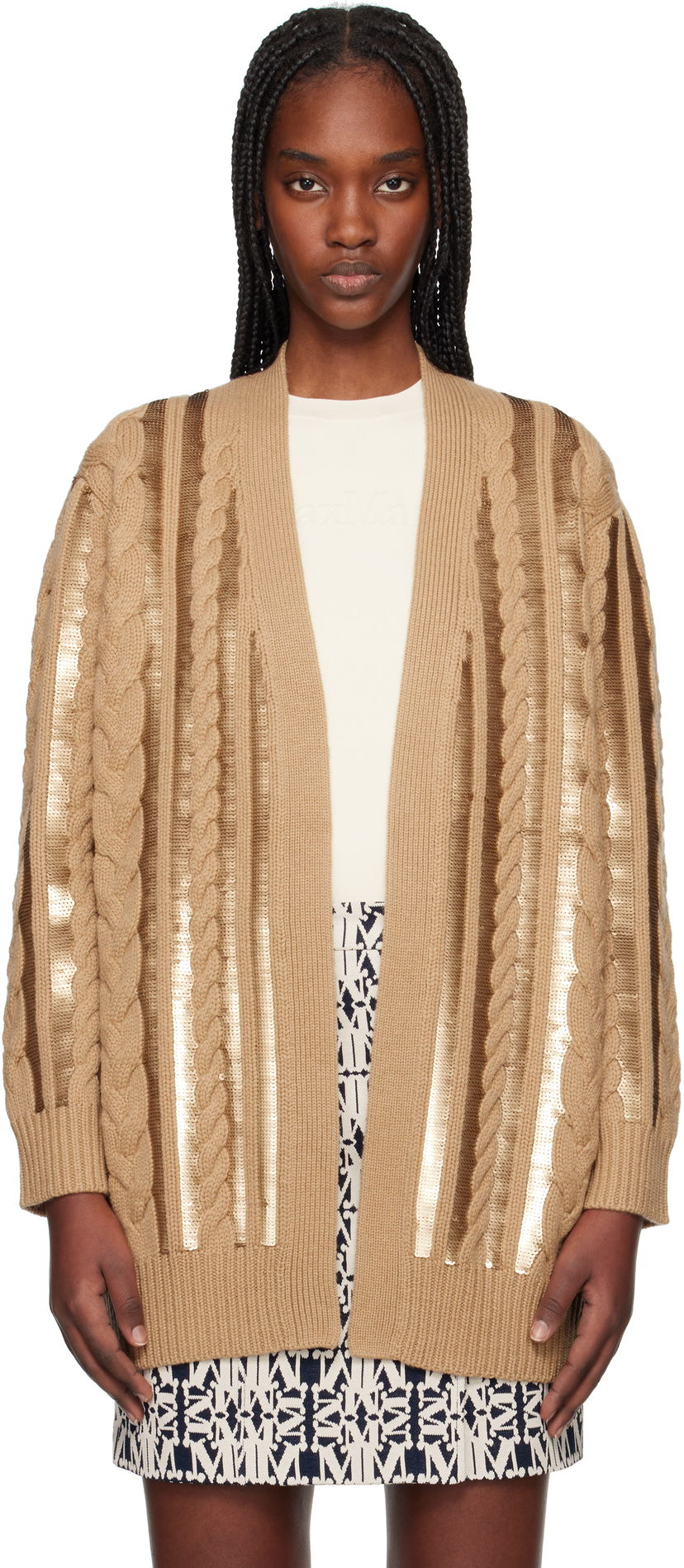Pleteni pulover Max Mara Max Mara Cable Knit Sequin Cardigan Rjava | 2511341011675