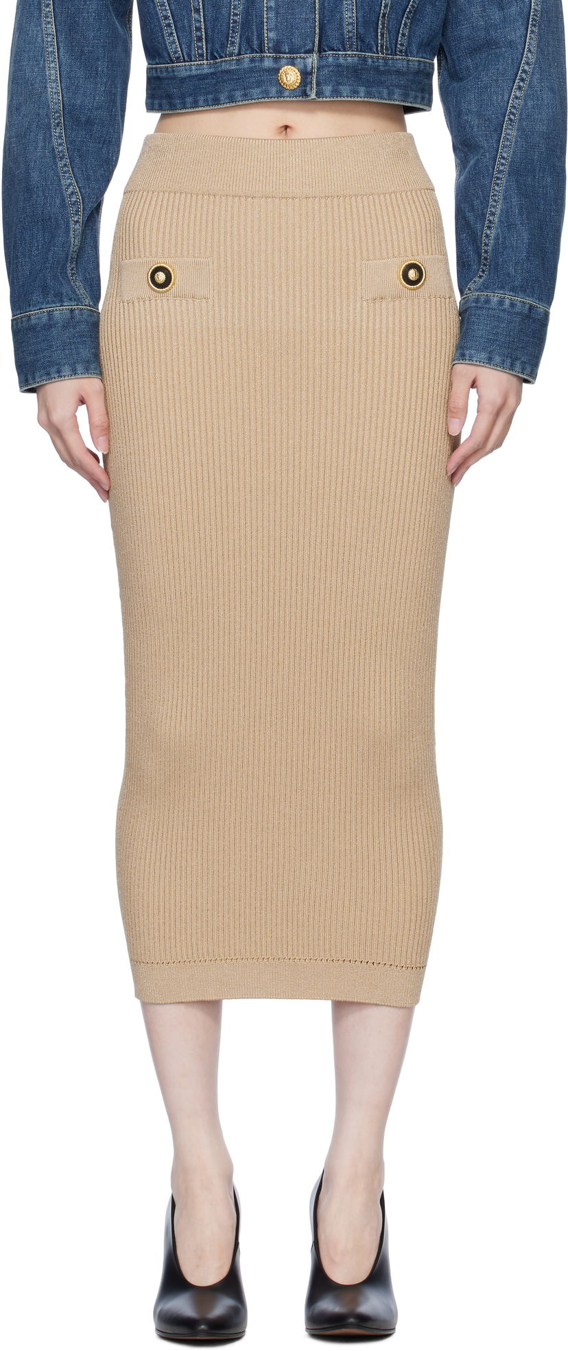 Krila Balmain Ribbed Knit Midi Skirt Bež | EF1LD022KI10
