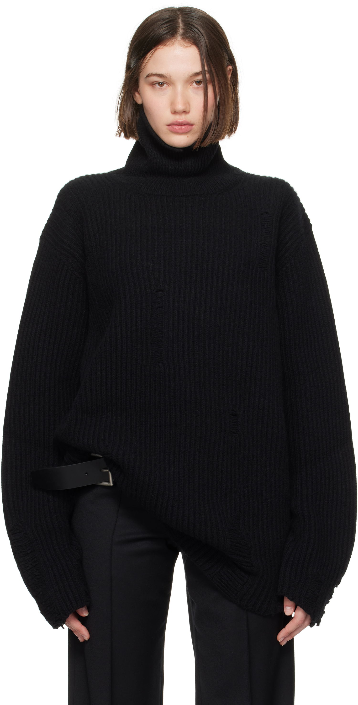 Pleteni pulover Ann Demeulemeester Oversized Distressed Turtleneck Sweater Črna | 2402-W-KN32-KN048-099, 0