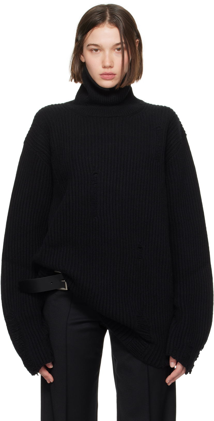 Pleteni pulover Ann Demeulemeester Oversized Distressed Turtleneck Sweater Črna | 2402-W-KN32-KN048-099