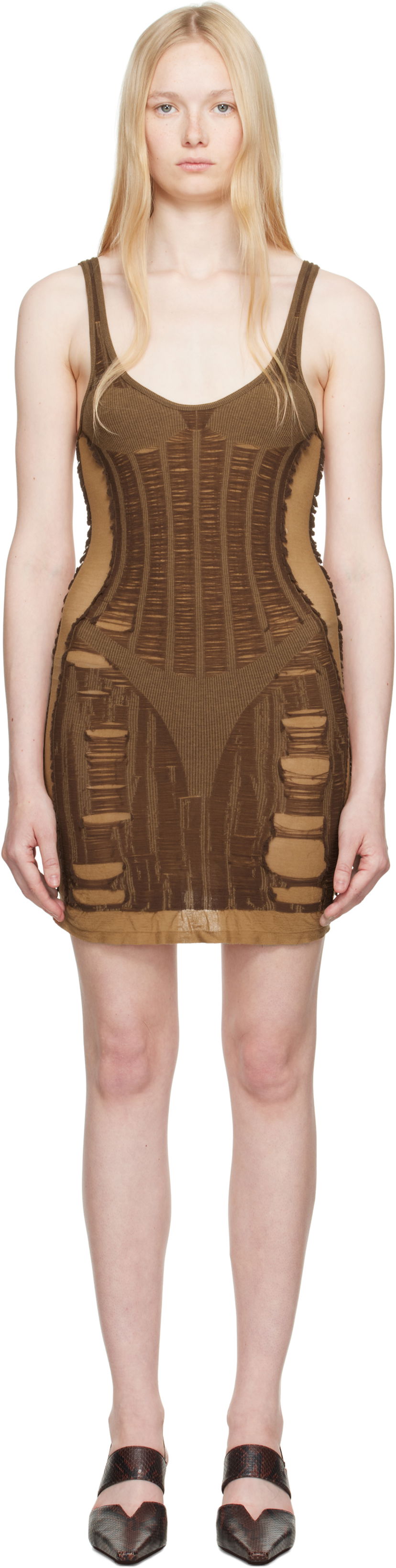 Obleke Diesel Diesel M-Calimera Distressed Mini Dress Rjava | A19215 0BJBI