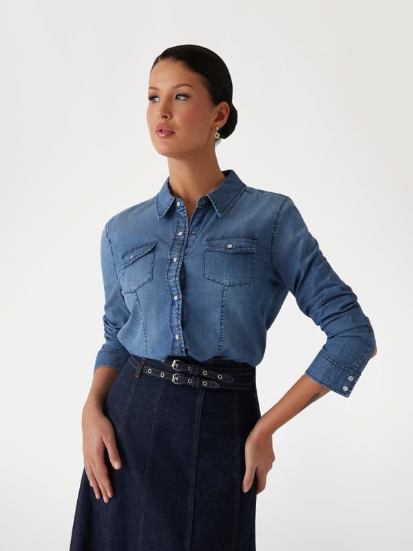 Srajce GUESS Button-Up Denim Shirt Modra | W5RH0HD4NA0, 0