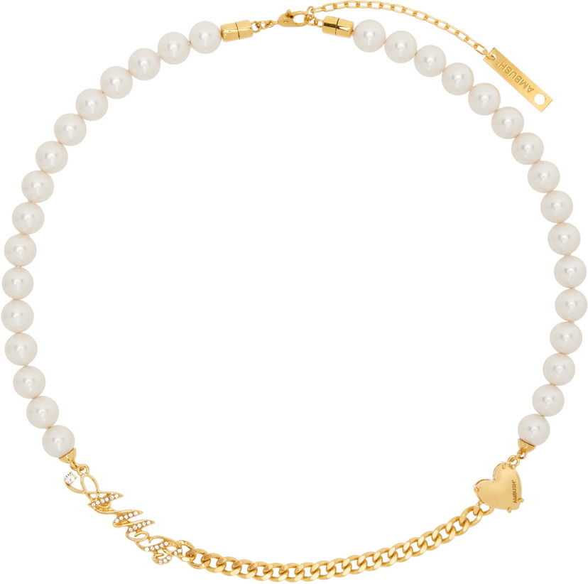 Ogrlica Ambush AMBUSH Pearl and Chain Mix Necklace Bela | BWOB007F24SIL0017600