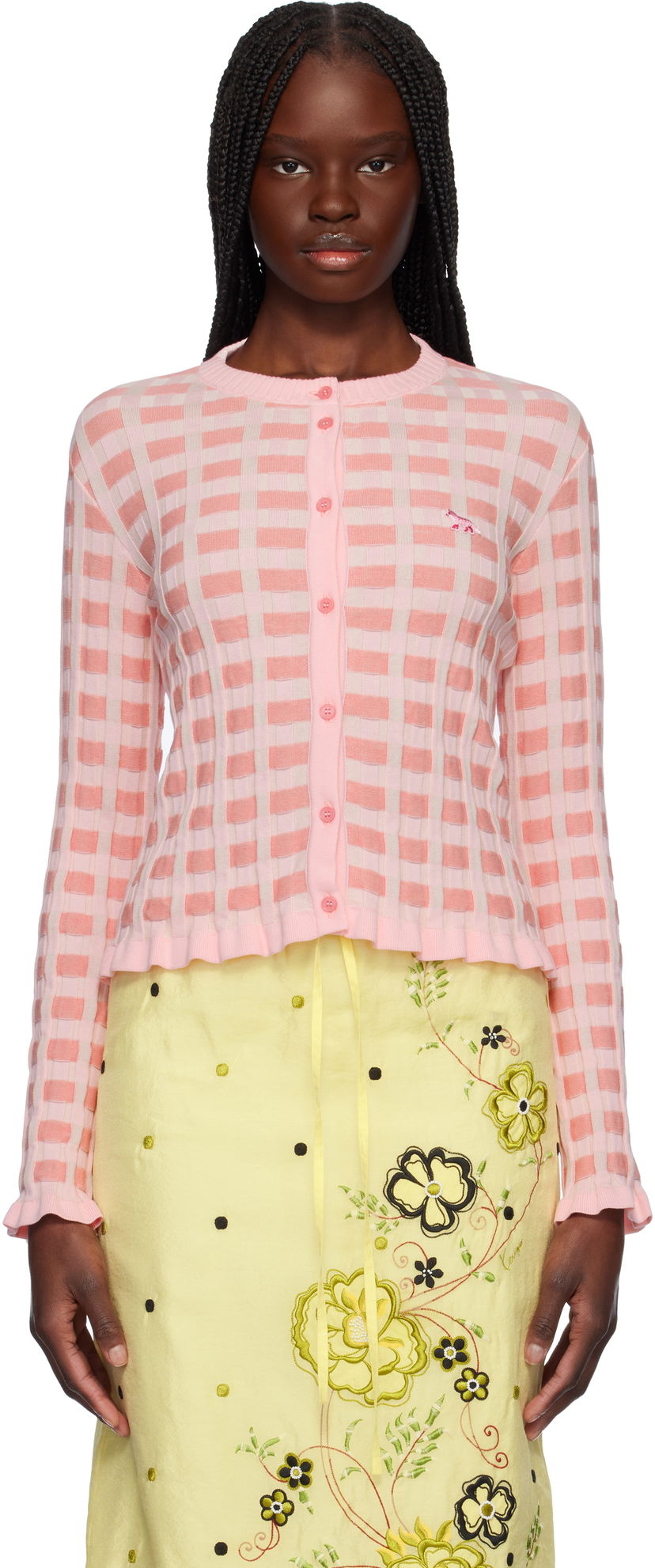 Pleteni pulover MAISON KITSUNÉ Maison Kitsuné Checked Ribbed Knit Cardigan Roza | OW00503KT1120