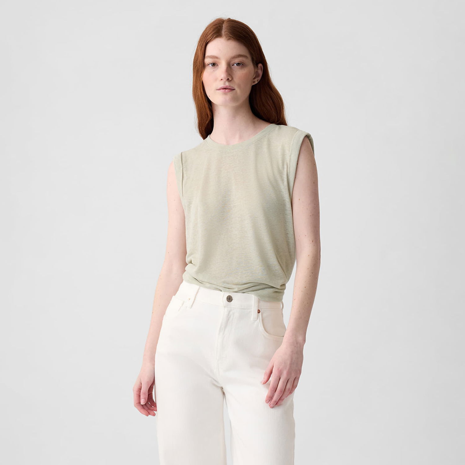 Majica brez rokavov GAP Top Sleeveless Linen Blend Shell Top Regular Grey Siva | 878221-01, 0